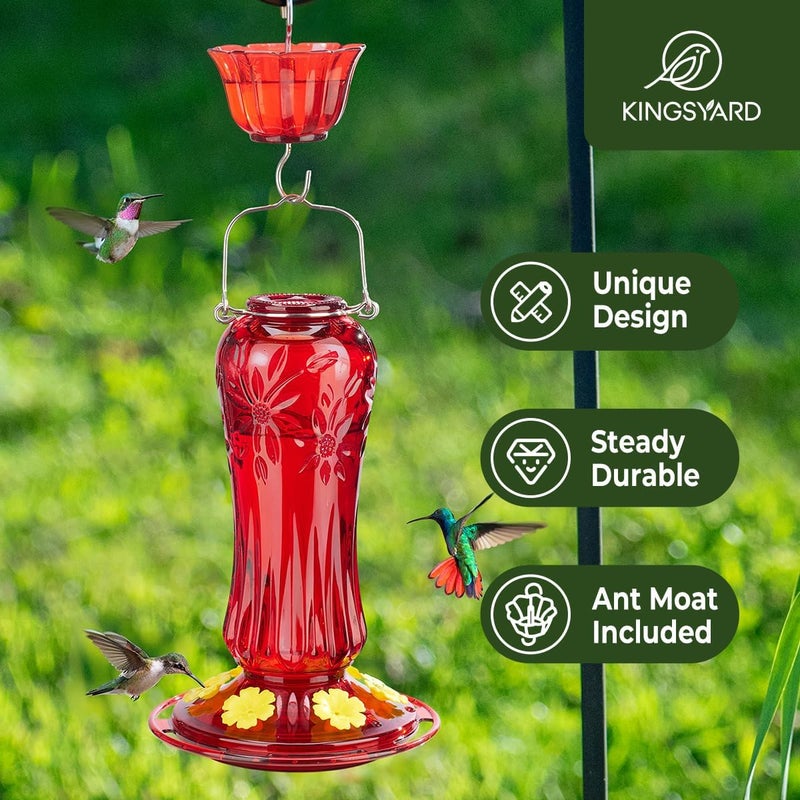 Kingsyard Glass Hummingbird Feeders for Outdoors Hanging, Hummingbird Nectar Feeder with Ant Moat & 6 Bee Guard Feeding Ports, 25 Ounces Leak Proof (Red) - Image 2